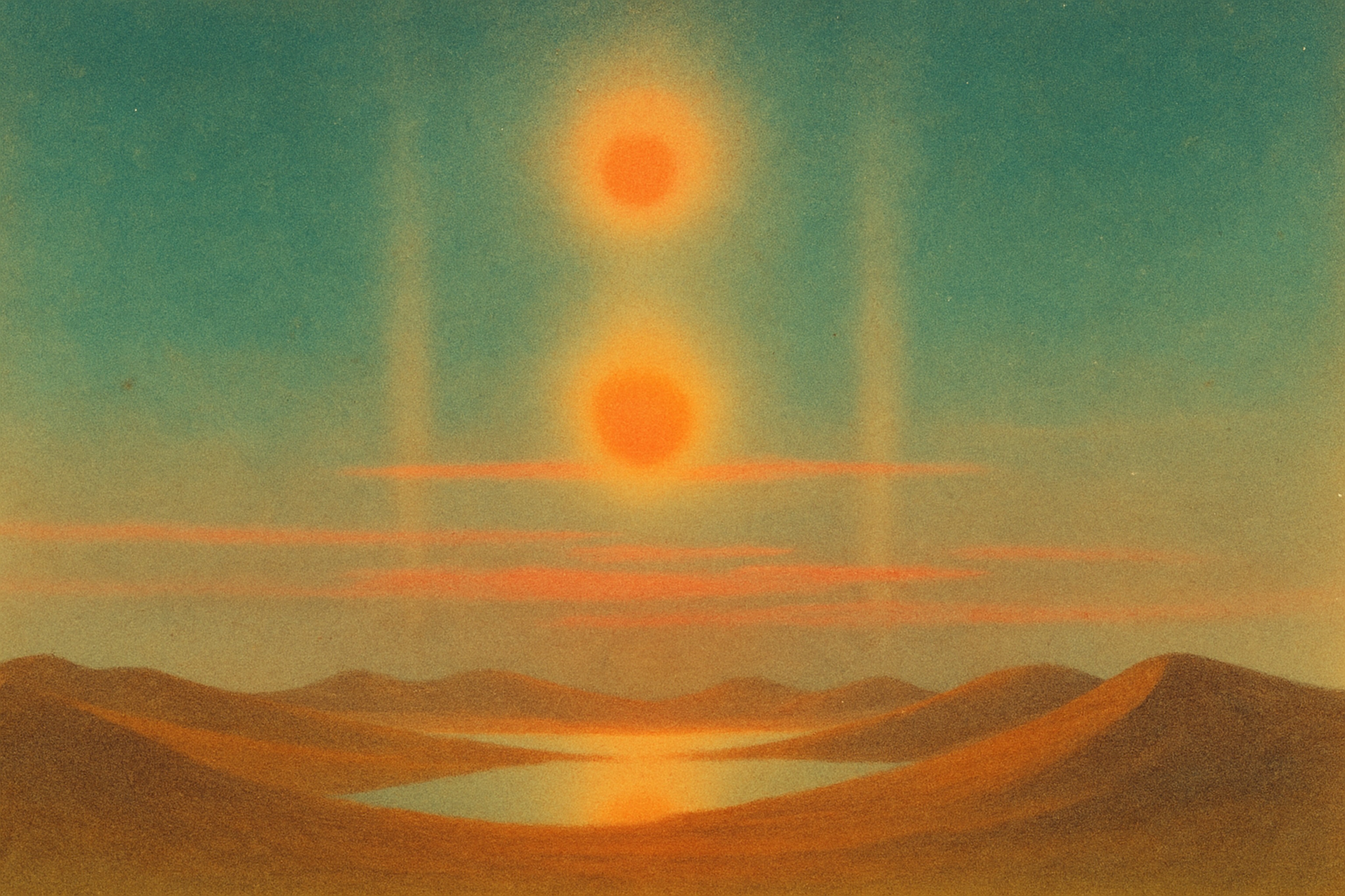 Surreal desert landscape with two suns in a teal sky over rolling dunes and a reflective body of water.