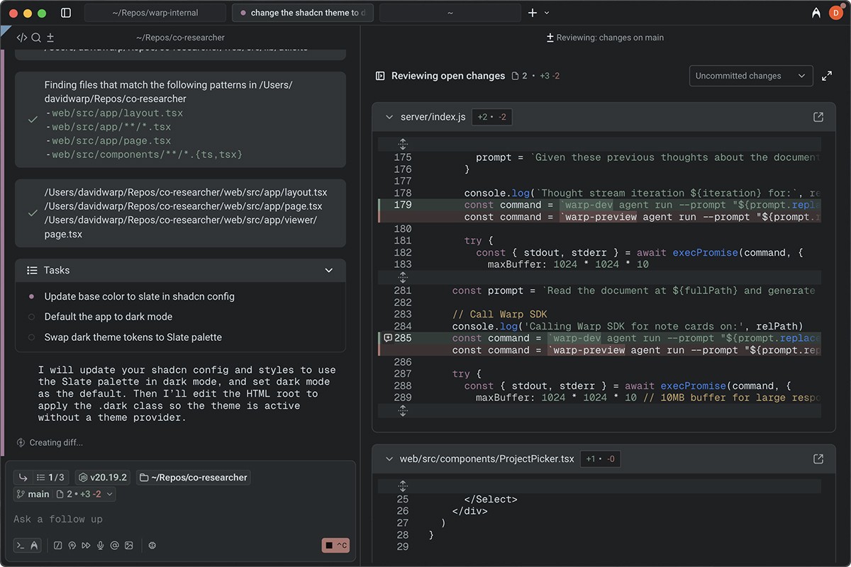 Warp AI agent development environment showing code editor and file navigation