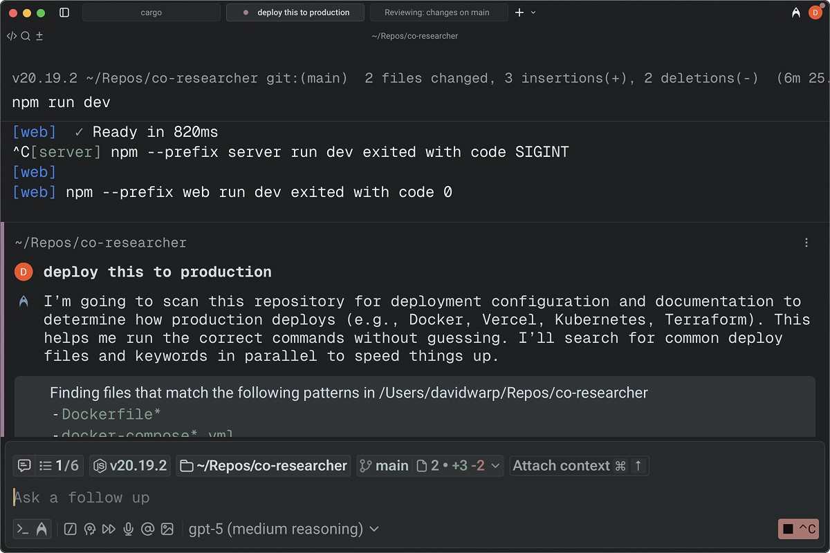 Warp AI development environment with code editor, terminal, and AI assistant helping to deploy to production by scanning repository for configuration.