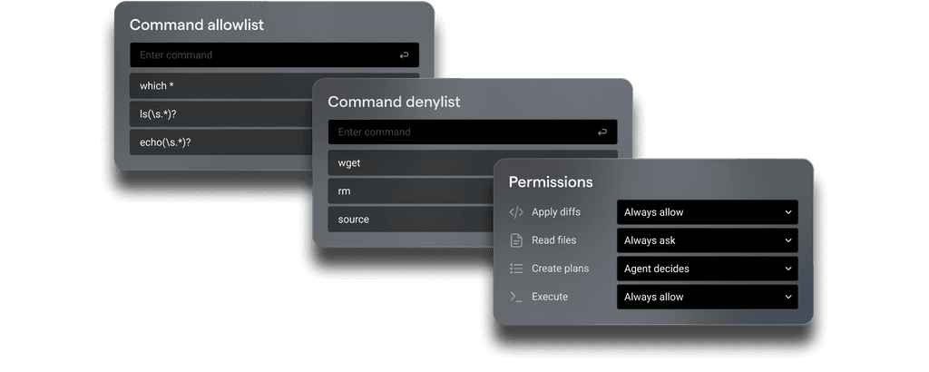 Warp AI agent permissions including command allowlist, command denylist, and settings for applying diffs, reading files, creating plans, and executing commands.