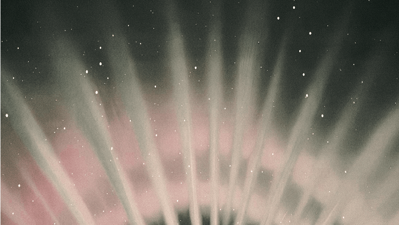 Abstract light beams with scattered white dots against a dark, grainy background