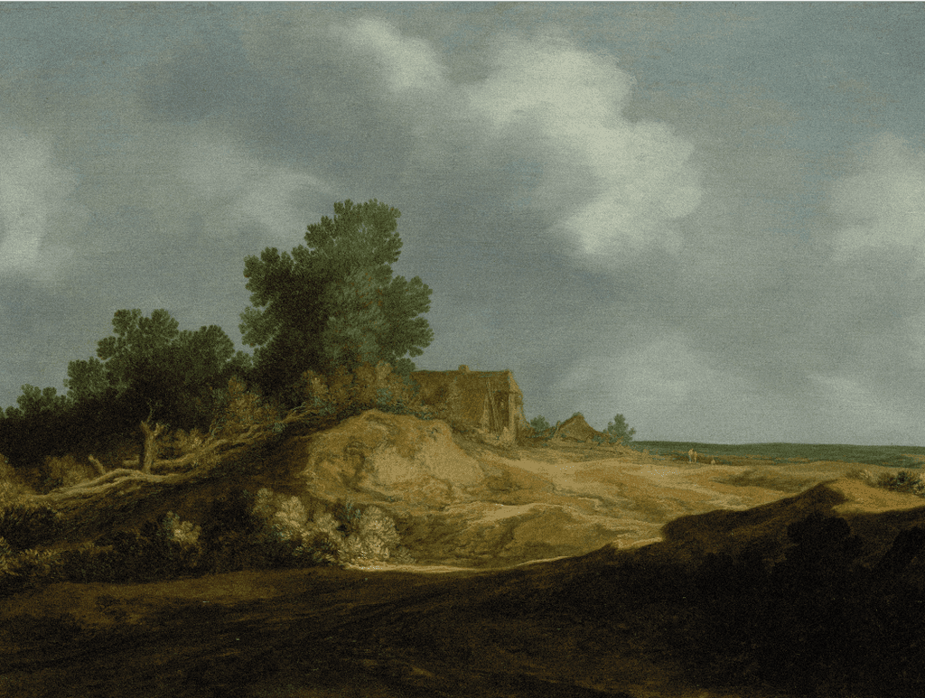 An oil painting of a landscape with a small cluster of trees on a sandy hill, a building on the hill, and a wide, open field under a cloudy sky.