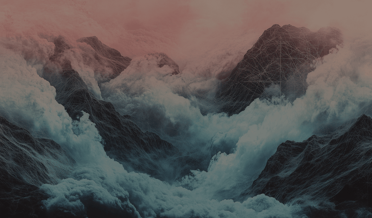 Abstract dark, misty mountains with glowing wireframe overlays and atmospheric clouds in a desaturated pink and teal palette.