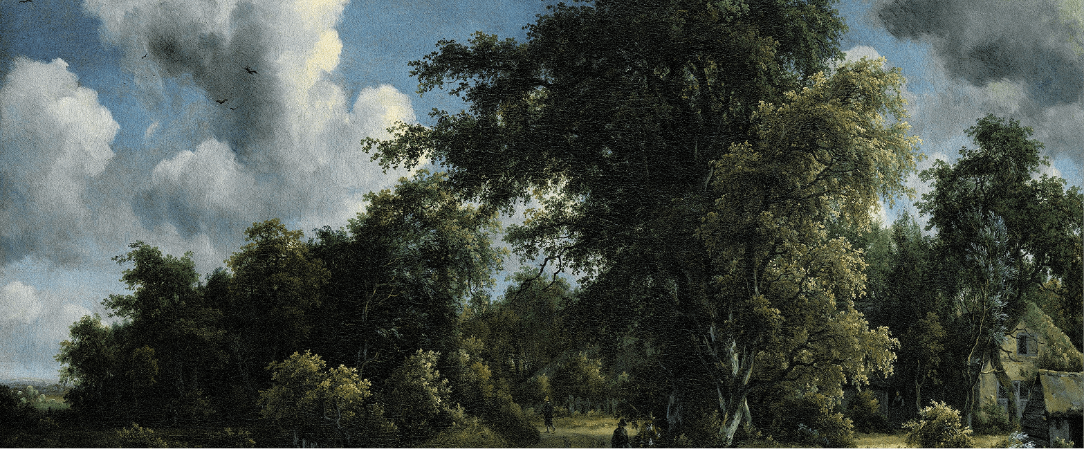 A lush forest landscape under a dramatic sky with large, billowing clouds and several birds flying. A path winds through the trees, and in the distance, a small cottage with a thatched roof is visible.