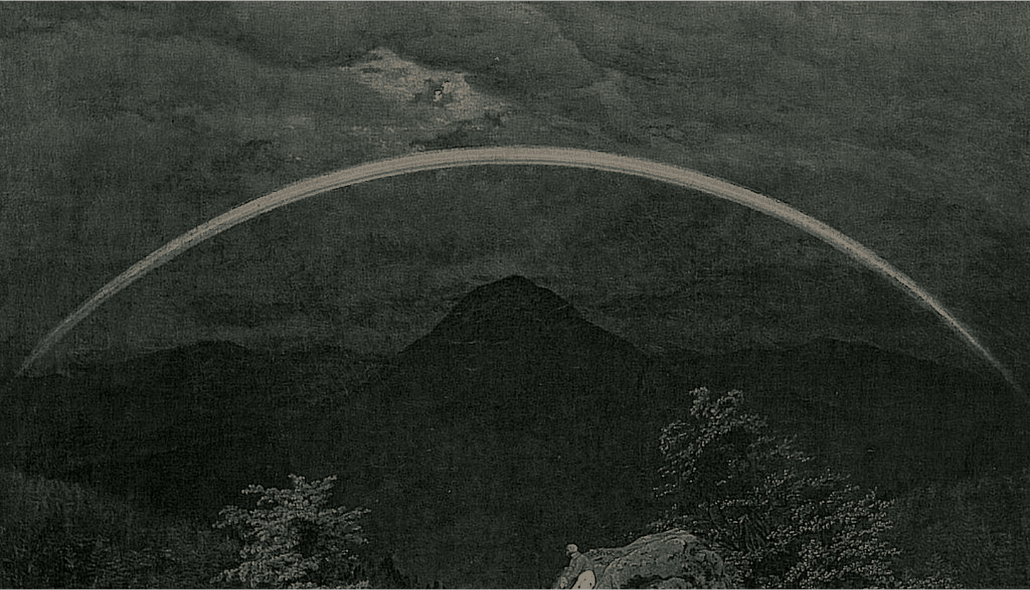 A dramatic dark landscape painting depicts a bright rainbow arching over a silhouetted mountain peak, with dark trees in the foreground and a small figure sitting on a rock.