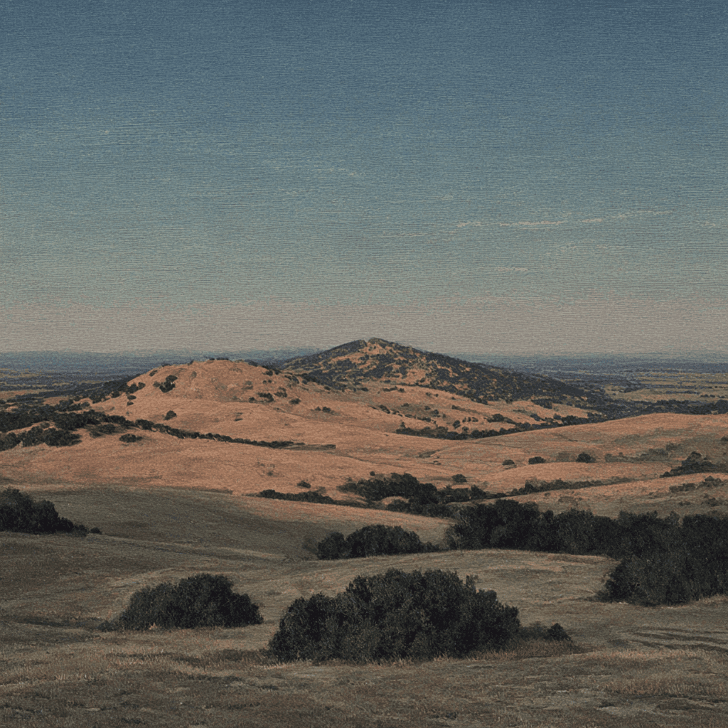 Rolling hills with scattered trees under a clear blue sky